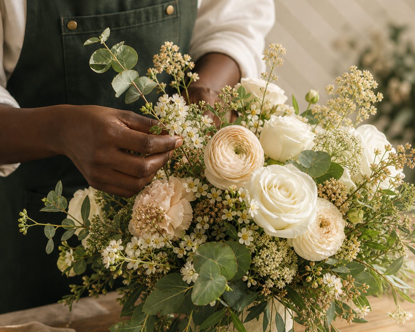 Florist arranging a white bouquet